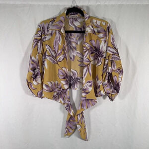 Find Me Plus Blouse Women's 1XL Yellow Floral 3/4 Sleeve Tie Front